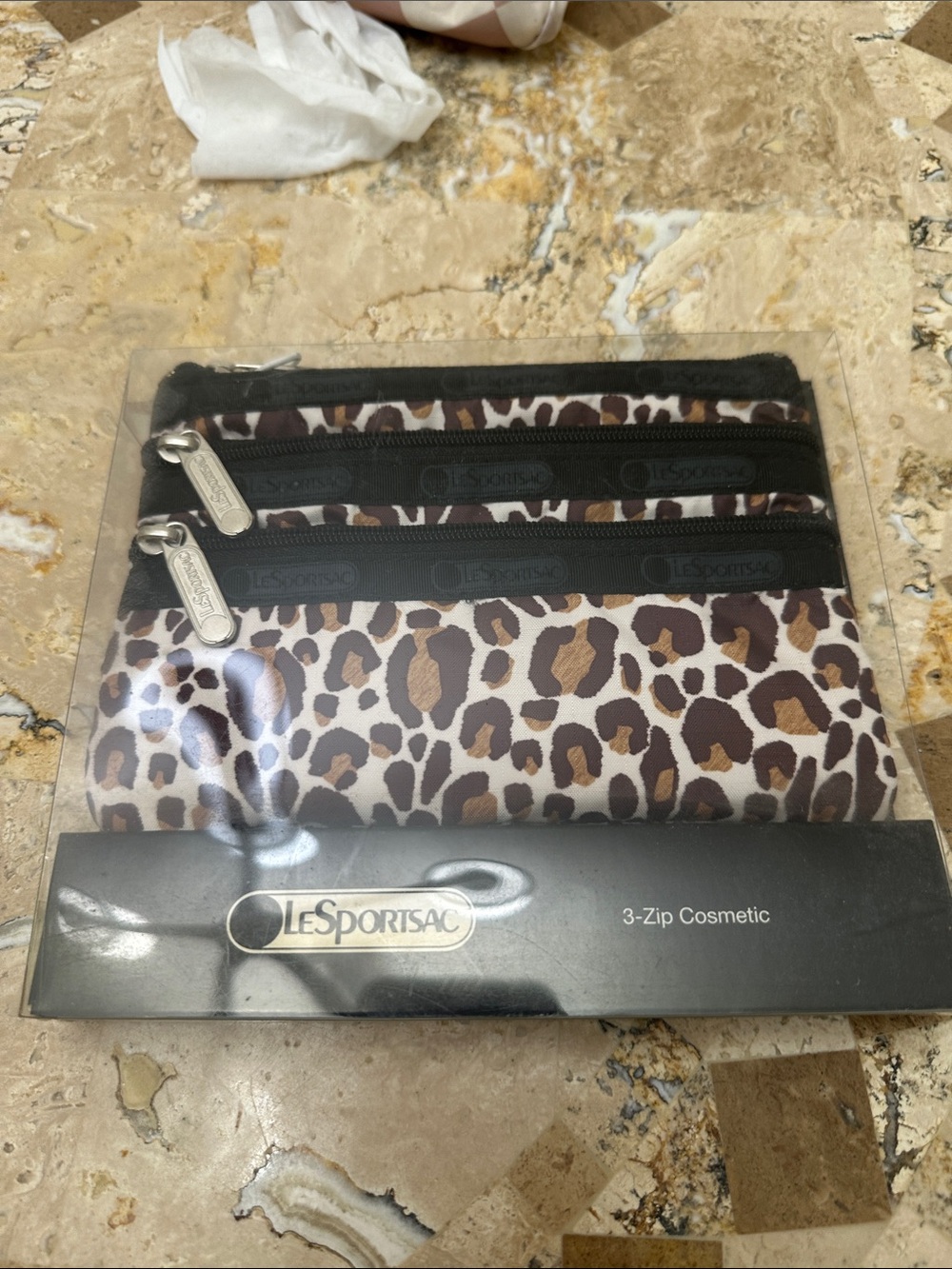 Lesportsac Brown and White Leopard 3-Zip Cosmetic Pouch